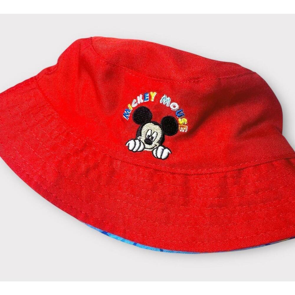 Disney Mickey Mouse Kids Bucket Hat Red Reversable Light Blue Lining Embroidered - Picture 2 of 9